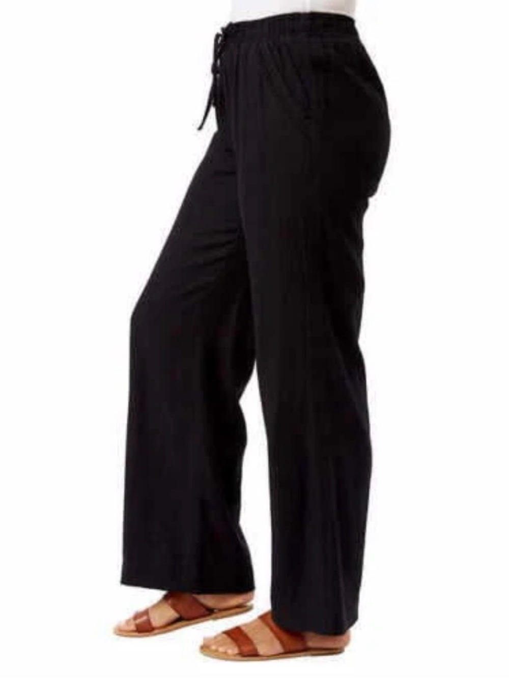 BRIGGS Women's XL Linen Blend Casual Wide Leg Black Pants Pocket Detail Pull-on